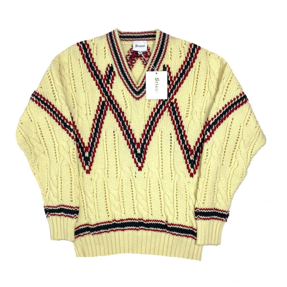 NEW $1335 Brioni Hand Knit Sweater e 50 Large Yellow With Red & Black Stripes
